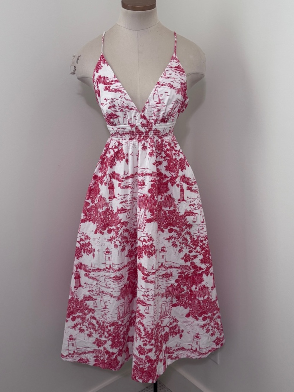 Vineyard Vines Small Toile Midi Dress White Red Spaghetti Strap Tie Nautical